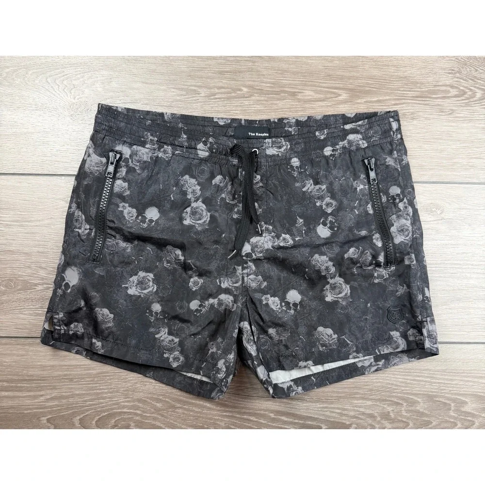 The Kooples Mens Swim Trunks Skull Rose Floral Print Black Grey Size M